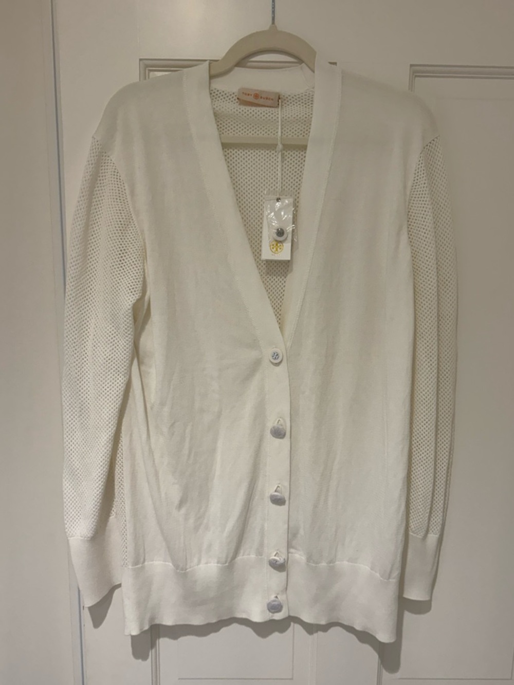 Tory Burch white boyfriend Simone Cardigan fishnet back and sleeves - Picture 2 of 7
